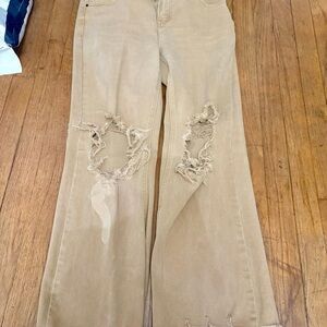 Casual Tan Distressed Flare Jeans